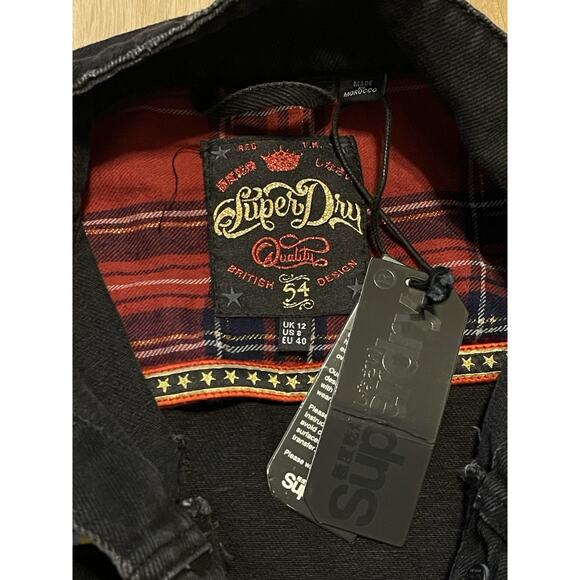 SUPERDRY Jacket NWT Women Size 8 Trucker Jean Patches Denim Black - Picture 9 of 13